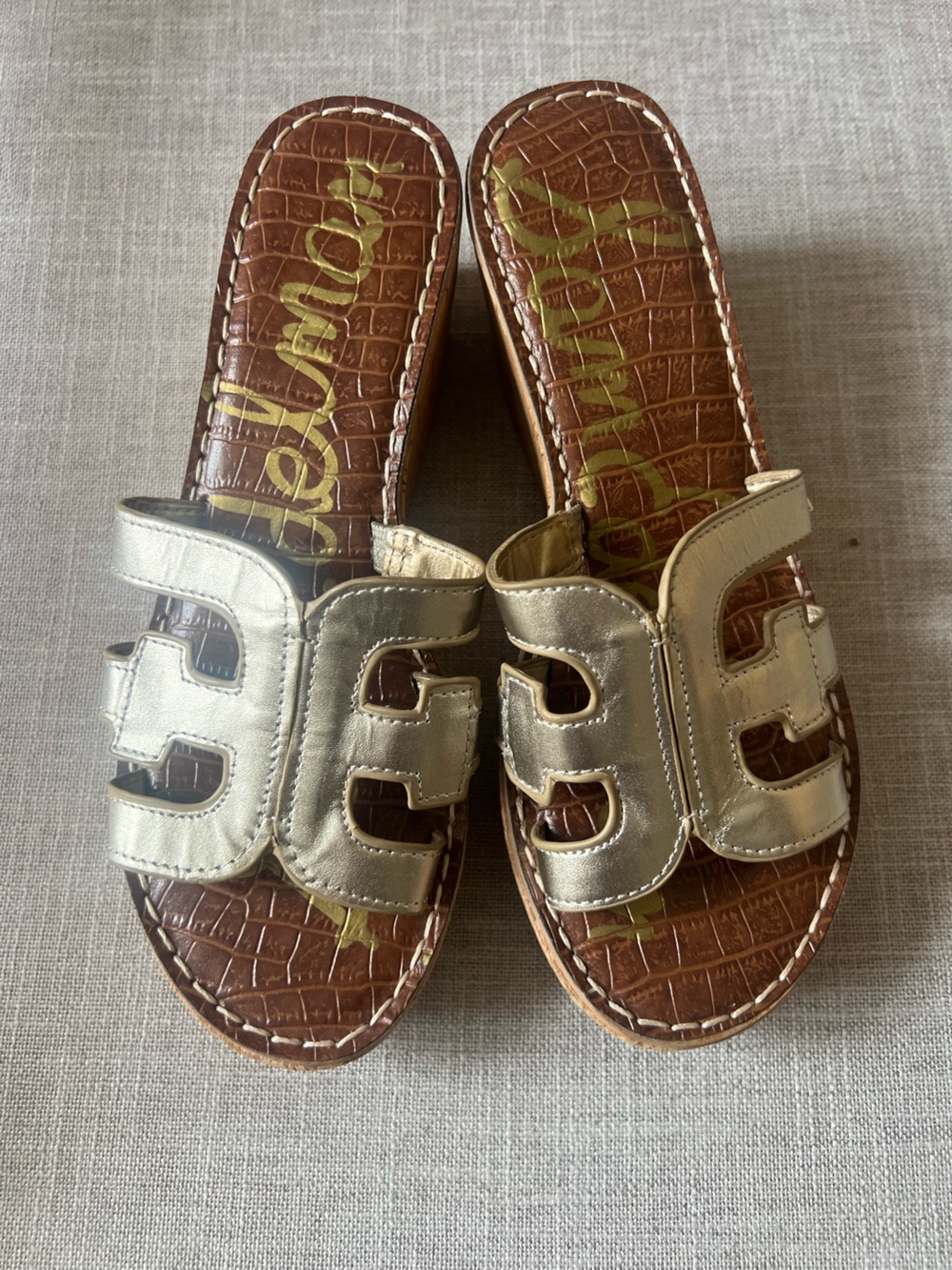Sam Edelman Metallic Gold Slide Sandals, size 7, logo glam resort holiday dressy